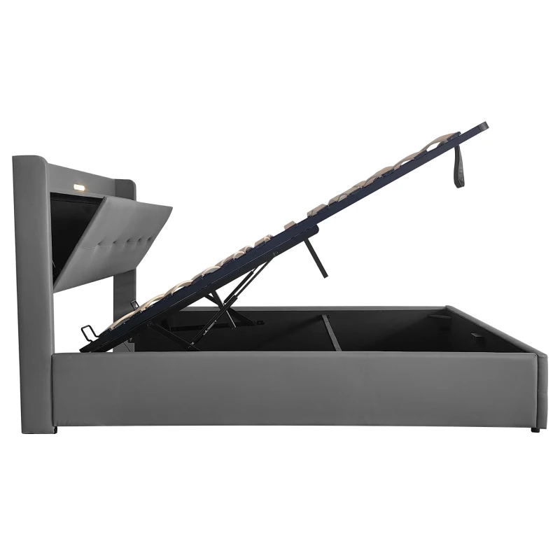 King Upholstered Bed Frame with Hydraulic Storage, LED Light, PU Leather Ottoman Bed with Charging Station, 217L x 152W x 115H cm, Grey