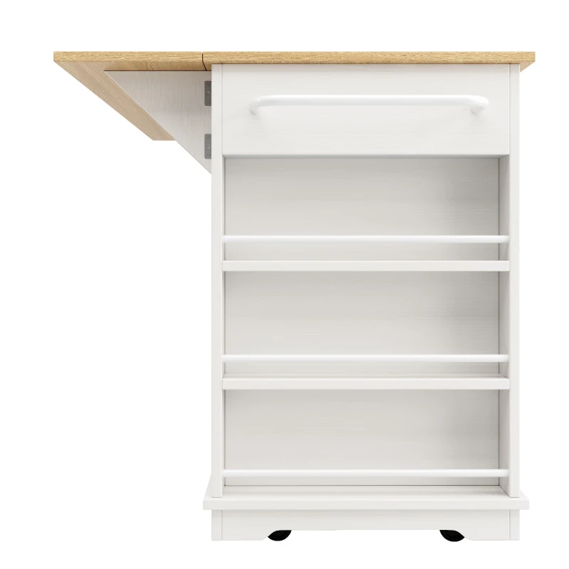 Kitchen Island Trolley with Power Strip, Foldable Dining Table, Ample Storage and Lockable Castors, 151.5L x 85W x 92H cm, White+Natural
