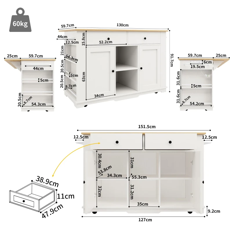 Kitchen Island Trolley with Power Strip, Foldable Dining Table, Ample Storage and Lockable Castors, 151.5L x 85W x 92H cm, White+Natural