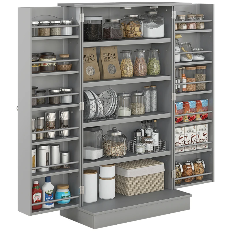 HOMCOM Armadio Dispensa Cucina con 2 Ante e 16 Ripiani Alacena Moderna con Ripiani Regolabili 60x30x104cm Grigio