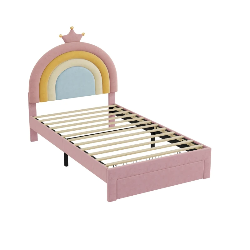 3FT Upholstered Bed with Adjustable Rainbow Headboard, Velvet Frame, Single Bed Frame with Storage Drawer, 194L x 94W x 128H cm, Pink