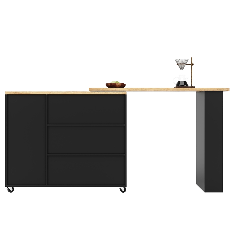 360° Swivelling Dining Table with Snack Rack, Three Drawers, Multifunctional Kitchen Island with Castors, 209L x 39W x 104H cm, Black