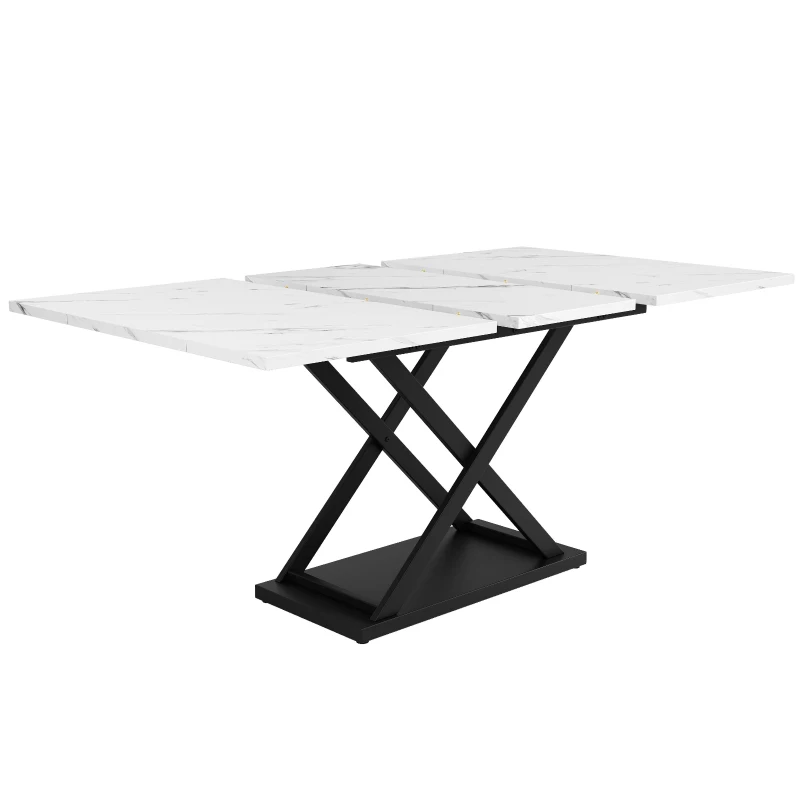 Telescopic Dining Table with Extendable MDF Top and Crossed Iron Legs, Space-Saving Design for Kitchen, 120L x 80W x 75H cm, White+Black