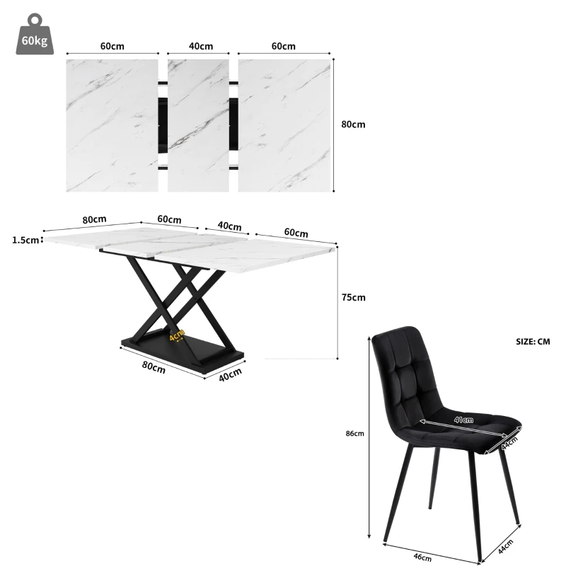 Extendable Dining Table Set with 4 Velvet Chairs, Marble Table, Stylish and Modern Design for Kitchen, 160L x 80W x 75H cm, White+Black