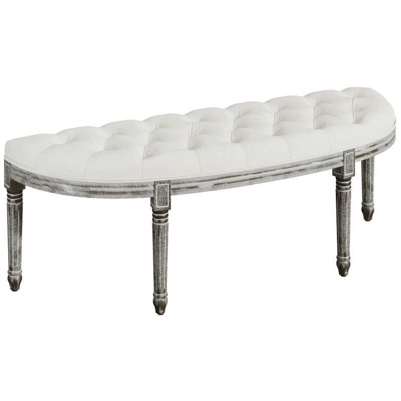 HOMCOM Half-Circle End Bench Ottoman Footstool Tufting Padded Seat Brushed Wood Base Antique Accents Home Seat Furniture Cream White and Light Wood Grain Leg