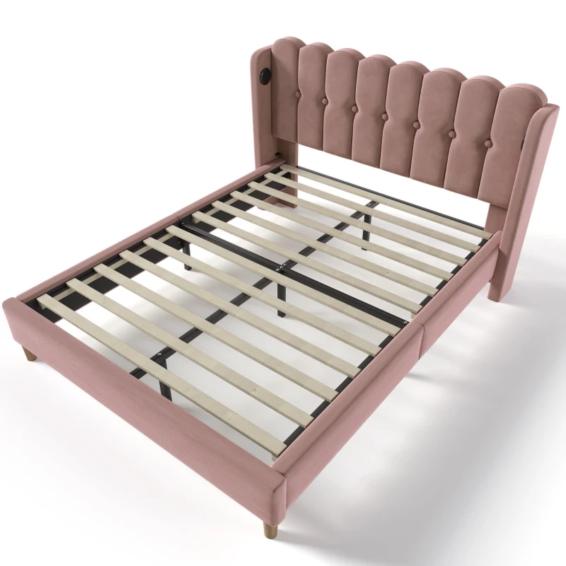 Upholstered Double Bed with USB and Type-C Charging Ports, Wooden Slatted Frame, Teenager Bed for Bedroom, 197L x 150W x 103H cm, Pink