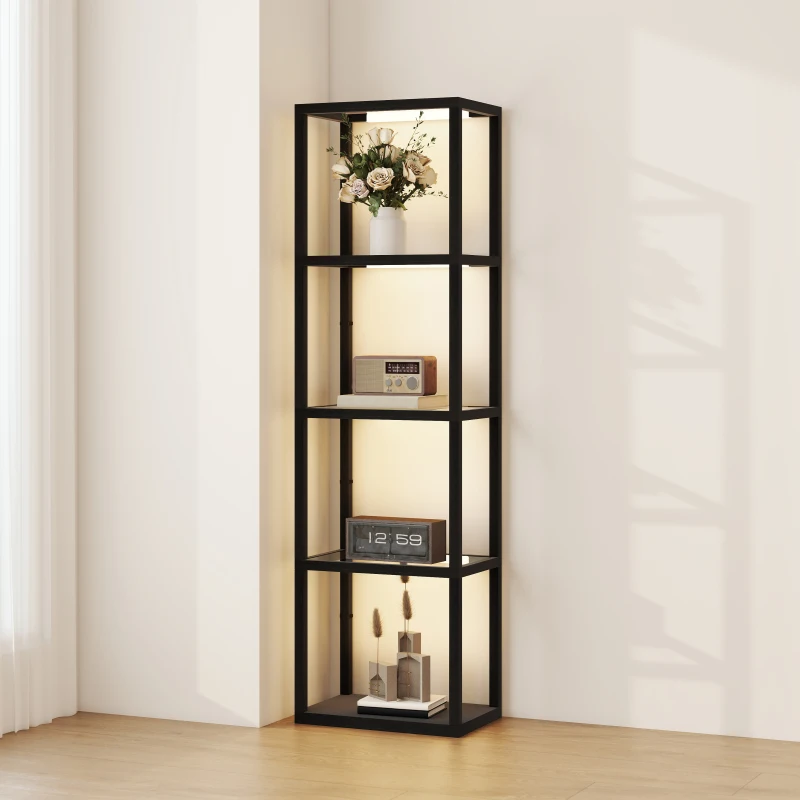 HOMCOM LED Floor Lamp with Glass Shelves, 4 Layers Dimmable Tall Standing Lamp, Modern Column Shelf Floor Light for Living Room, Bedroom, Office, Black