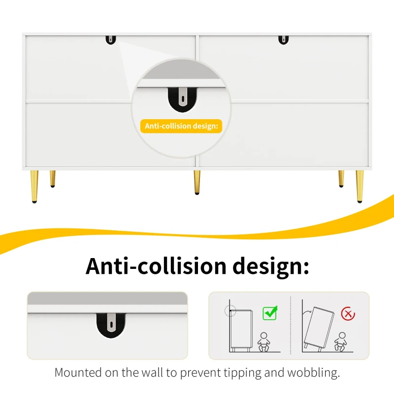 Wave Design Sideboard with Golden Handles and Feet, Elegant Storage Cabinet with 4 Doors and 2 Drawers, 152L x 40W x 75H cm, White