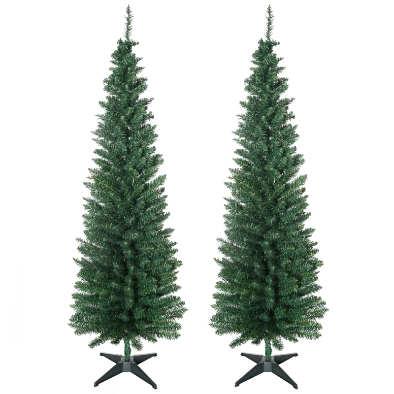 HOMCOM Set 2 Alberi di Natale Artificiali Slim Ø55x180 cm in Plastica e Metallo con 390 Rami, Verde