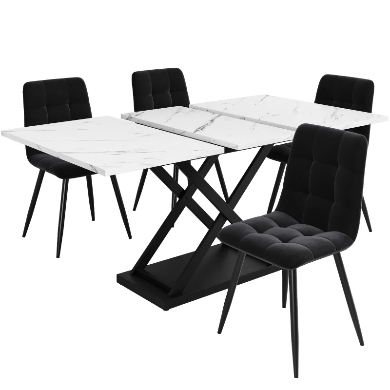Extendable Dining Table Set with 4 Velvet Chairs, Marble Table, Stylish and Modern Design for Kitchen, 160L x 80W x 75H cm, White+Black