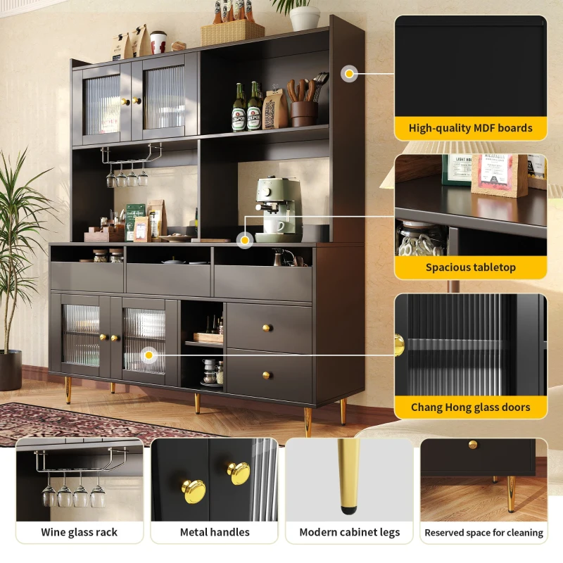 Multi-purpose Storage Cabinet with Changhong Glass Door, Wine Glass Holder, Multi-layered Storage Space, 145L x 39W x 171H cm, Black