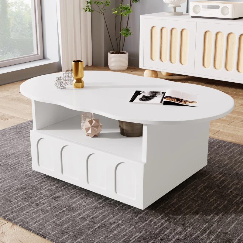 Cloud-Shaped Coffee Table with Drawer and Storage Compartments, Push-to-Open Mechanism, Easy Installation, 100L x 60W x 40.5H cm, White