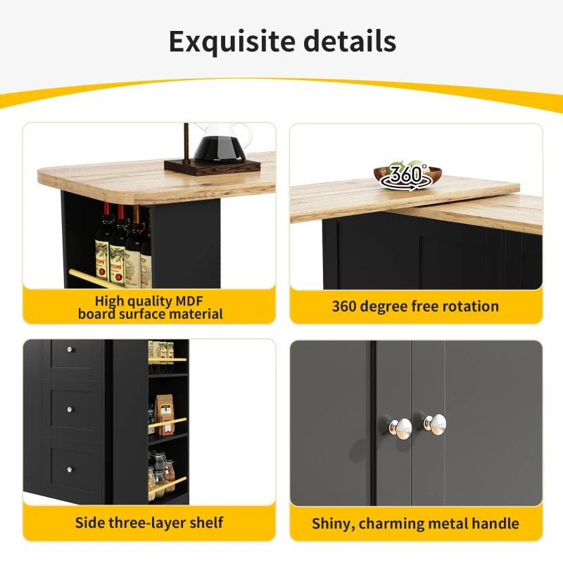 360° Swivelling Dining Table with Snack Rack, Three Drawers, Multifunctional Kitchen Island with Castors, 209L x 39W x 104H cm, Black