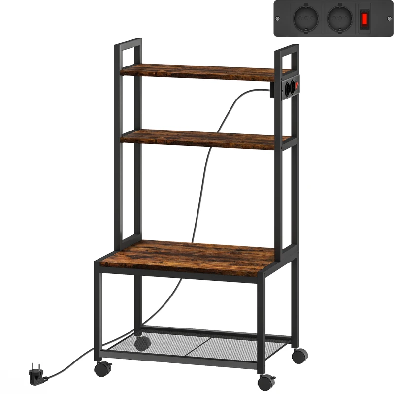 HOMCOM Cărucior Suport Imprimantă 4 Niveluri cu Prize și Roți, Maro