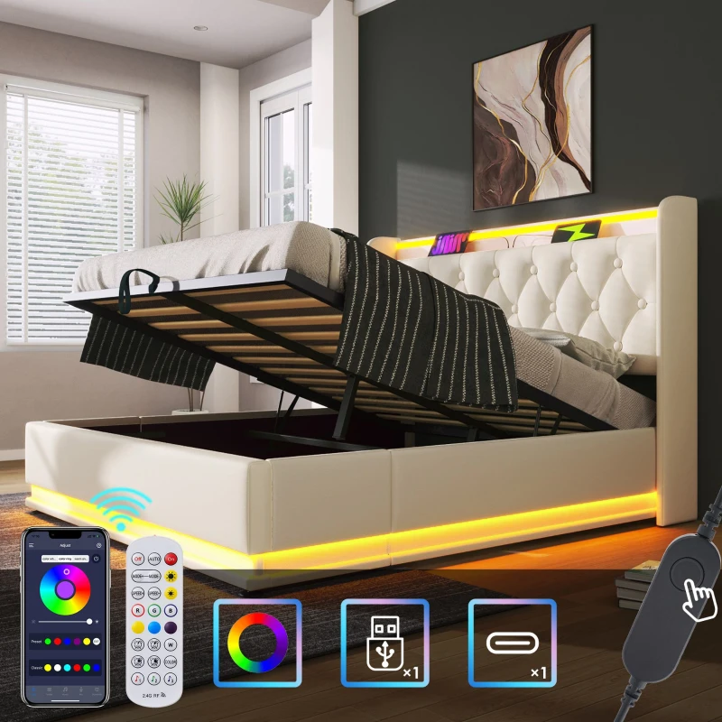 Upholstered Double Ottoman Bed with 360 Surround LED, USB Charging Port, Hydraulic Storage Bed Frame, 206L x 148W x 104H cm, White
