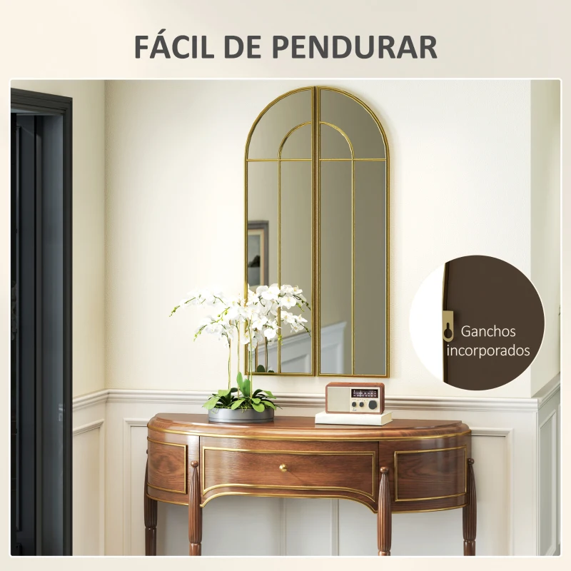 HOMCOM Espelho Decorativo de Parede com 2 Peças 30x120 cm Espelho em Forma de Arco e Estrutura de Metal para Entrada Dourado