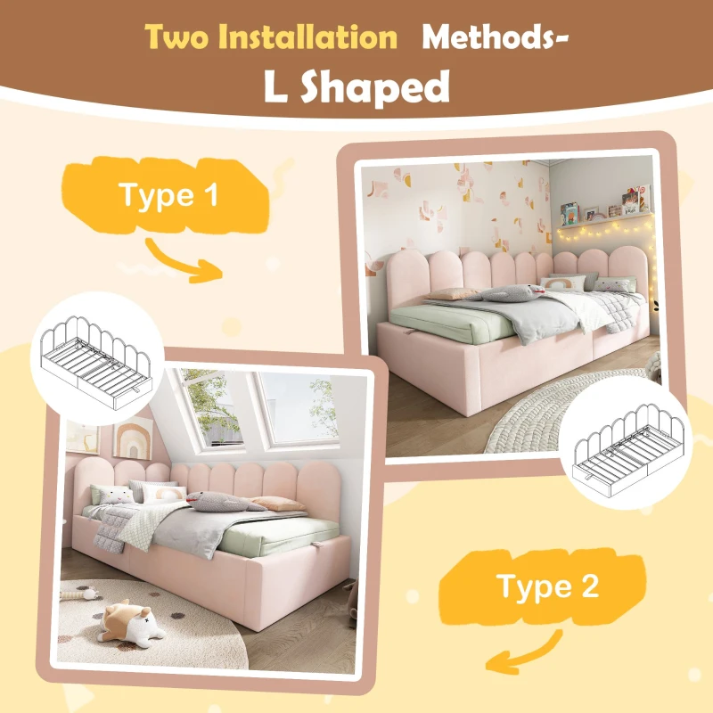 3FT Upholstered Daybed with Hydraulic Storage, Metal Slatted Frame, Single Ottoman Bed with Velvet Finish, 200L x 97W x 76H cm, Pink