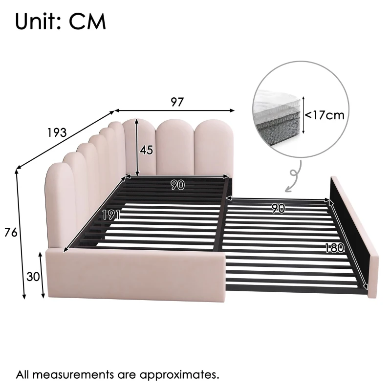 Upholstered Daybed with Pull-Out Bed, 3FT Single Sofa Bed with Metal Slatted Frame, Easy Installation, 193L x 97W x 76H cm, Pink