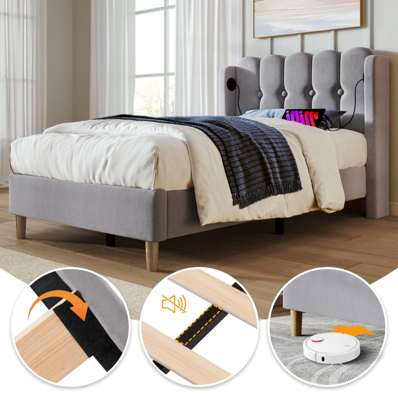 Upholstered Single Bed with USB & Type-C Charging Ports, Teenager Bed for Bedroom & Guest Room, 197L x 103W x 103H cm, Grey