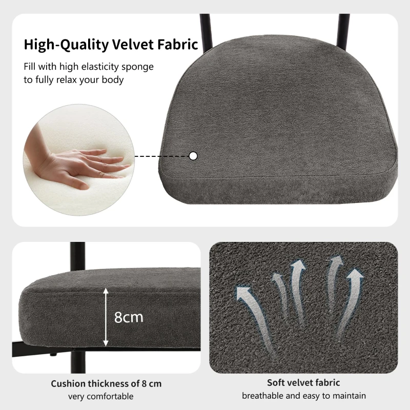 Set of 2 Modern Dining Chairs with High-Density Sponge, Sturdy Iron Frame, Ergonomic Faux Suede Armchair, 70L x 62W x 85H cm, Gray