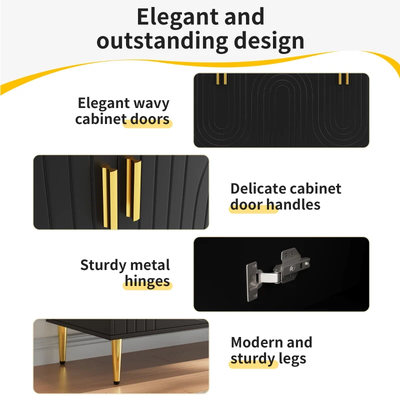Wave Design Sideboard with Golden Handles and Feet, Multifunctional Storage Cabinet, Easy Maintenance, 152L x 40W x 75H cm, Black