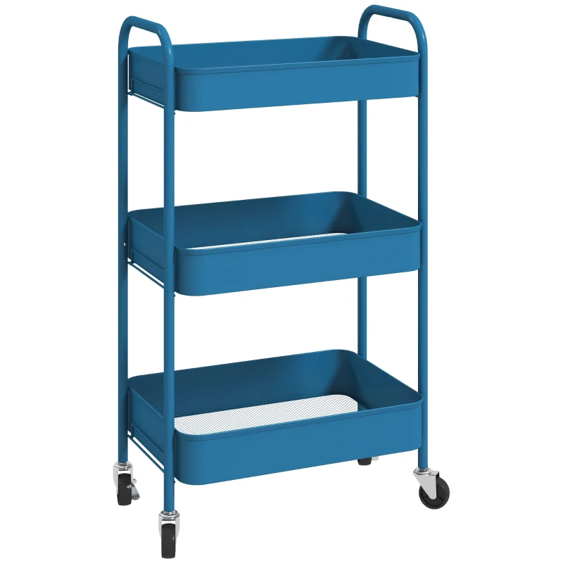 HOMCOM Carrito de Almacenamiento con 3 Cestas y Marco de Acero para Salón Dormitorio Oficina Cocina 45x30,6x79 cm Azul Oscuro