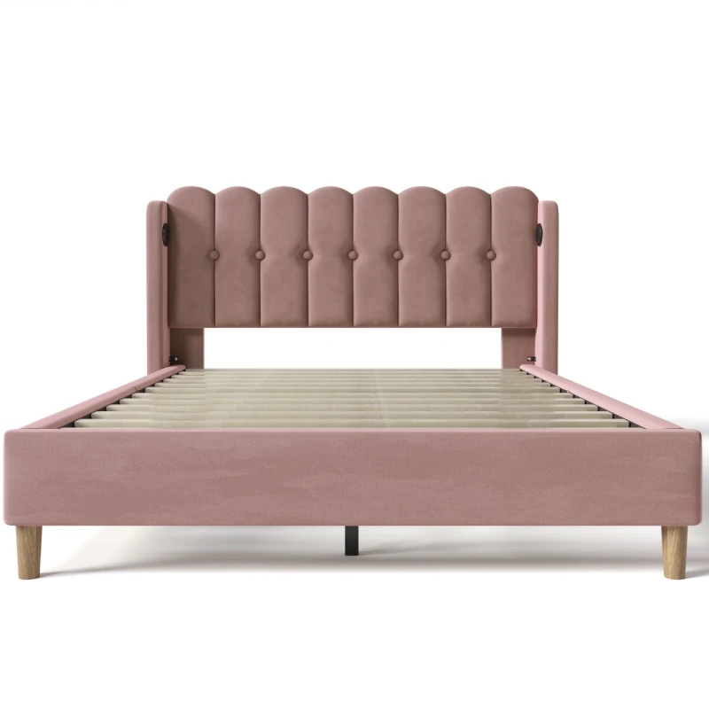 Upholstered Double Bed with USB and Type-C Charging Ports, Wooden Slatted Frame, Teenager Bed for Bedroom, 197L x 150W x 103H cm, Pink
