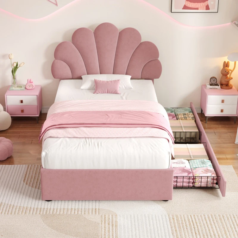 Single Upholstered Bed with Adjustable Petal Headboard, Solid Wood Slat, Velvet Bed Frame with Storage Drawers, 194L x 107W x 106H cm, Pink