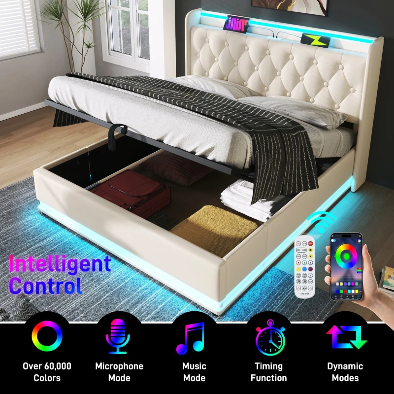 Upholstered Double Ottoman Bed with 360 Surround LED, USB Charging Port, Hydraulic Storage Bed Frame, 206L x 148W x 104H cm, White