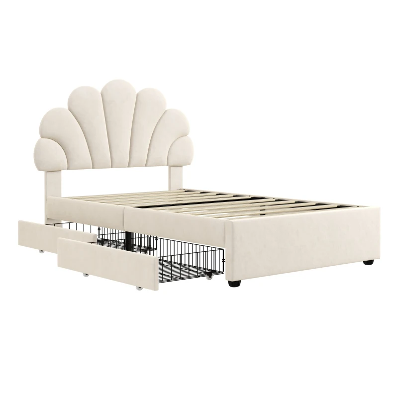 Single Upholstered Bed with 2 Storage Drawers, Adjustable Petal Headboard, Velvet Bed Frame with Wood Slat, 194L x 107W x 106H cm, Beige