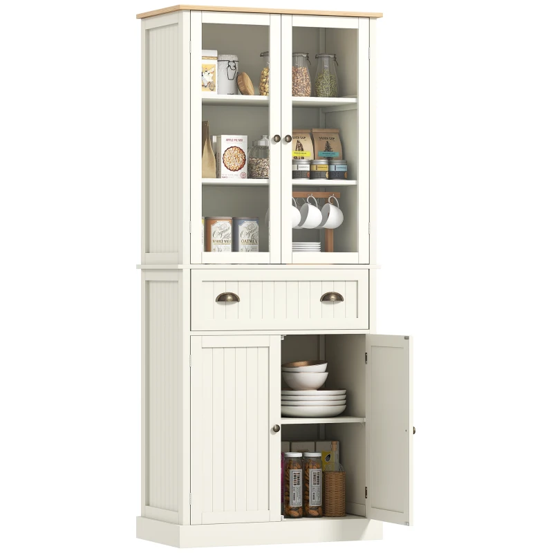 HOMCOM Armário de Cozinha com 2 Portas de Vidro 1 Gaveta e Prateleira Ajustável Móvel Auxiliar de Cozinha 76x40x182,5cm Creme