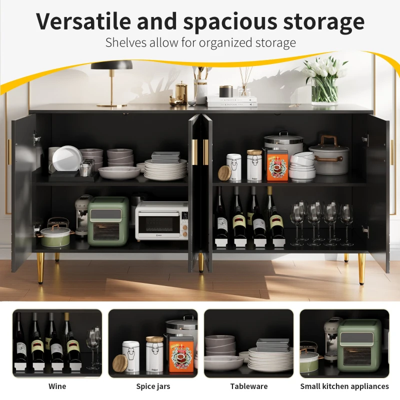 Wave Design Sideboard with Golden Handles and Feet, Multifunctional Storage Cabinet, Easy Maintenance, 152L x 40W x 75H cm, Black