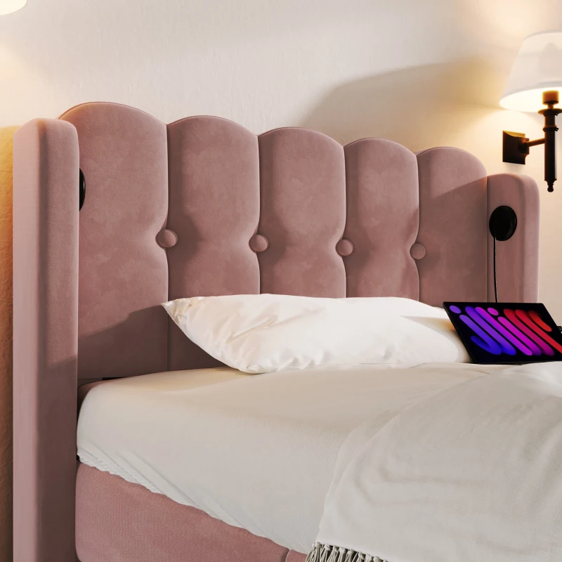 Upholstered Single Bed with USB and Type-C Charging Ports, Velvet Bed Frame with Wooden Slats for Teen Bedroom, 197L x 103W x 103H cm, Pink