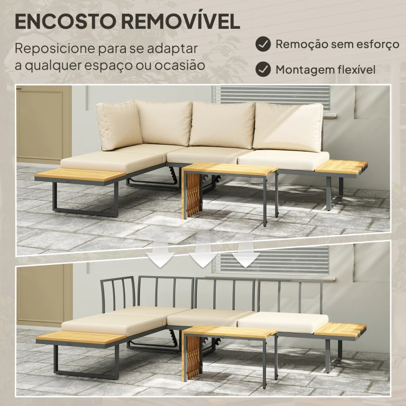 Outsunny Conjunto de Móveis de Jardim Sofás de Exterior em Forma de L com 2 Sofás de 3 Lugares Assento Ajustável e Mesa Bege e Cinza