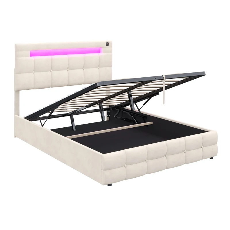 LED Double Upholstered Bed Frame with Charging Station, Adjustable Headboard, Velvet Hydraulic Storage Bed, 202.5L x 142W x 108H cm, Beige