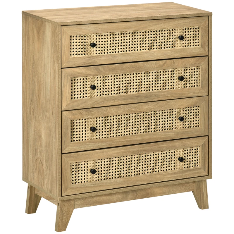 HOMCOM Cassettiera con 4 Cassetti e Inserti in Rattan Stile Boho, 80x35x95 cm, Legno Naturale