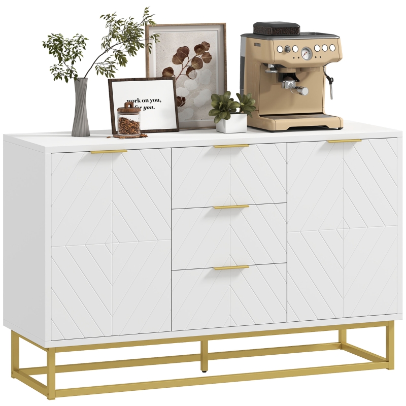 HOMCOM Buffet, meuble cuisine rangement, design contemporain graphique, 2 placards porte, étagères réglables, 3 tiroirs coulissants, bois blanc métal doré, 120 x 40 x 76 cm