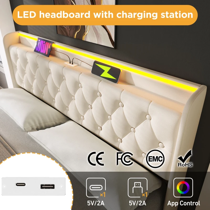 Upholstered Double Ottoman Bed with 360 Surround LED, USB Charging Port, Hydraulic Storage Bed Frame, 206L x 148W x 104H cm, White