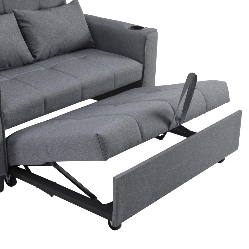 2 Seater Sofa Bed with Cup Holders, Convertible Fabric Sofa Chair with Adjustable Backrest and Storage Pockets, 140L x 96W x 97H cm, Gray