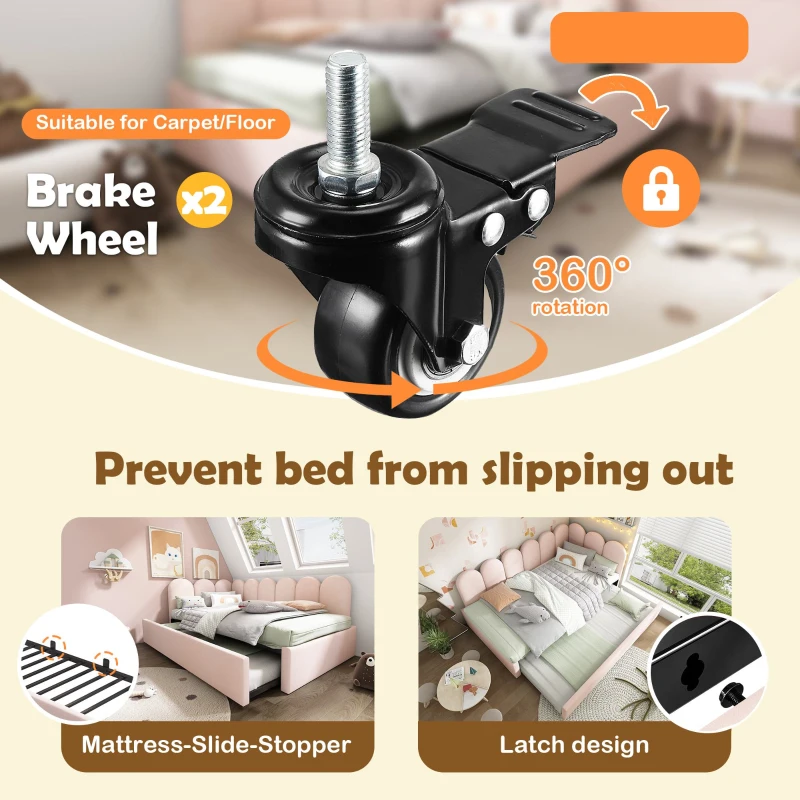 Upholstered Daybed with Pull-Out Bed, 3FT Single Sofa Bed with Metal Slatted Frame, Easy Installation, 193L x 97W x 76H cm, Pink