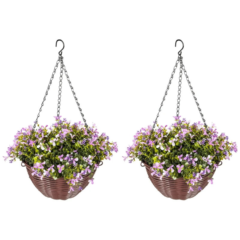 HOMCOM Artificial Flowers in Basket Set of 2, Artificial Hanging Baskets with 75 Leaves and 15 Flowers in Pot, Decorative Plant for Home Office Decor, Purple