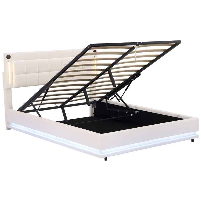 King Size LED Hydraulic Bed with Charging Station, Adjustable Tufted Headboard, Space-Saving Design for Bedroom, 206L x 151W x 105H cm, Beige