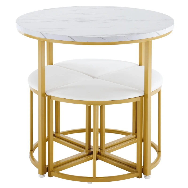 Dining Table Set with 4 Velvet Chairs, Space-Saving Design, MDF Top and Gold-Plated Iron Frame, Easy assembly, 80L x 80W x 75H cm, White+Gold