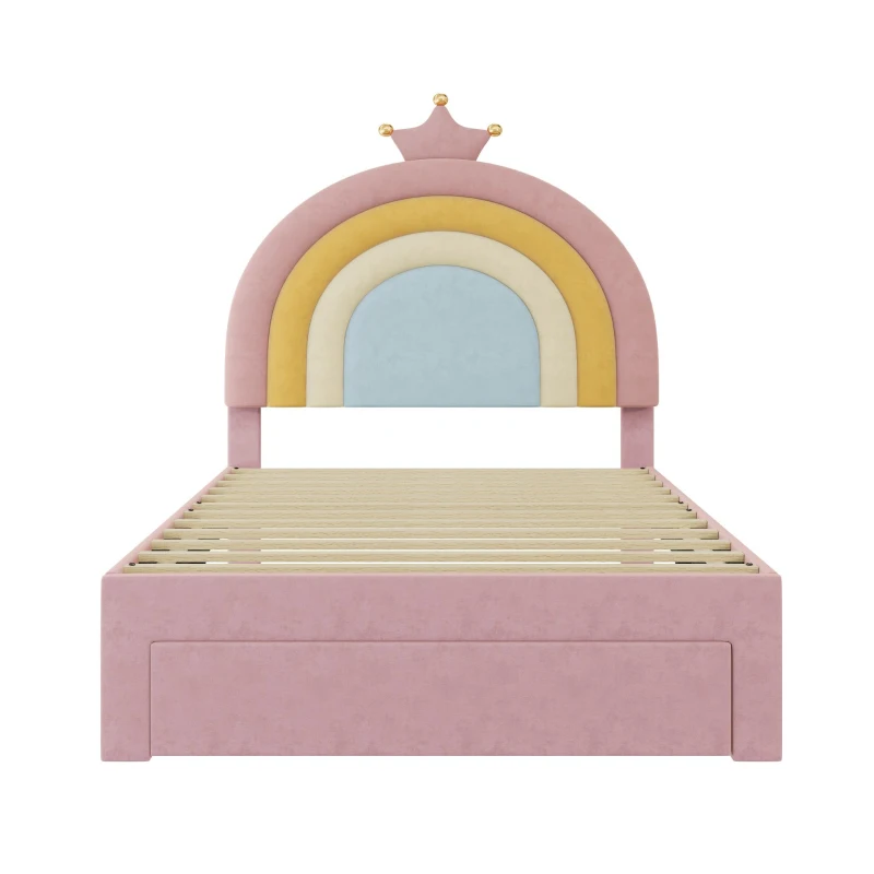 3FT Upholstered Bed with Adjustable Rainbow Headboard, Velvet Frame, Single Bed Frame with Storage Drawer, 194L x 94W x 128H cm, Pink