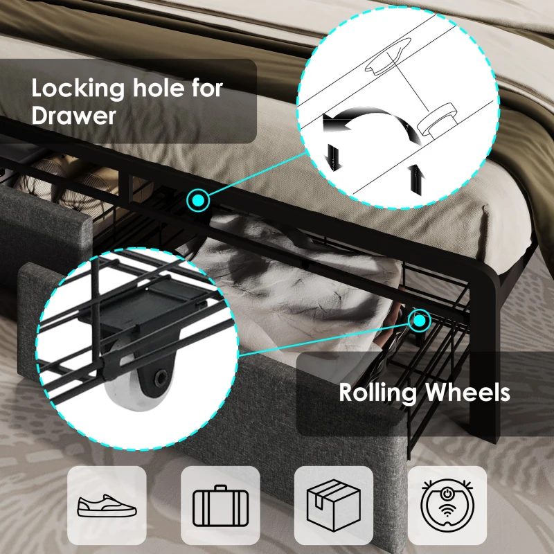 Upholstered Double Bed with LED Lighting, USB Type-C Charging, Bed Frame with Storage Headboard, Drawers, 208L x 137W x 110H cm, Grey