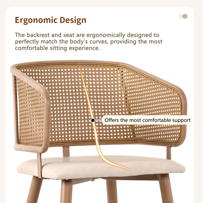 Set of 2 Modern Dining Chairs with Rattan Backrest, PU Leather Seat, Ergonomic Armchair with Wood Grain Iron Legs, 51L x 54W x 79H cm, Beige