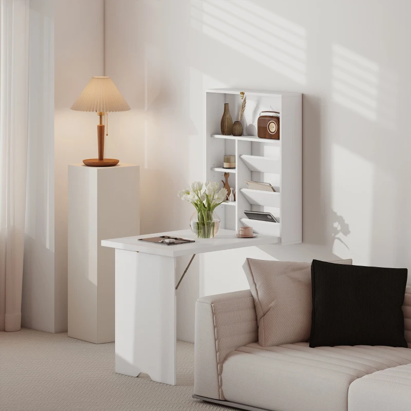 HOMCOM Bureau pliable mural, table murale pliante avec étagères pour salon, salle à manger, bureau, 93,8 x 60 x 147 cm, blanc