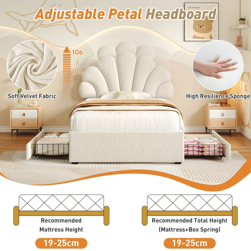Single Upholstered Bed with 2 Storage Drawers, Adjustable Petal Headboard, Velvet Bed Frame with Wood Slat, 194L x 107W x 106H cm, Beige