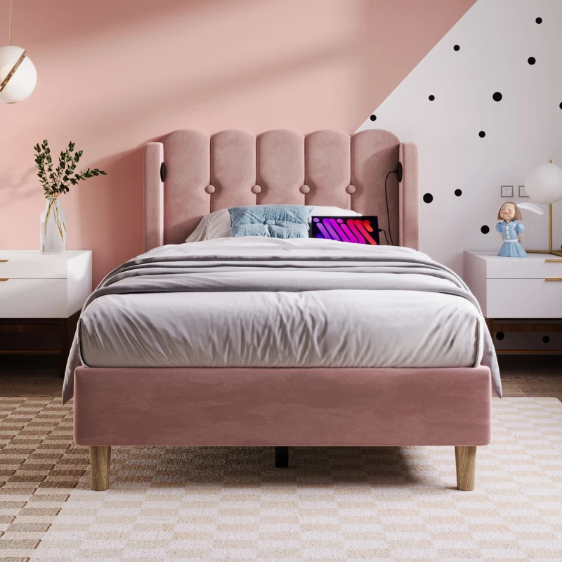 Upholstered Single Bed with USB and Type-C Charging Ports, Velvet Bed Frame with Wooden Slats for Teen Bedroom, 197L x 103W x 103H cm, Pink