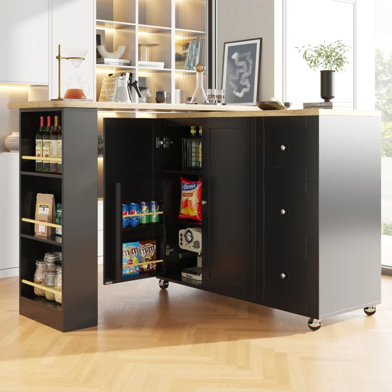 360° Swivelling Dining Table with Snack Rack, Three Drawers, Multifunctional Kitchen Island with Castors, 209L x 39W x 104H cm, Black